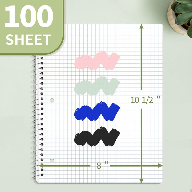 SUNEE Spiral Notebook, 1-Subject, Graph Ruled Paper, 8" x 10-1/2", 100 Sheets per Notebook, 3-Hole Punched Paper, Water Resistant Cover, Spiral Grid Notebooks for Work, Home, School, Writing, Green - Image 2